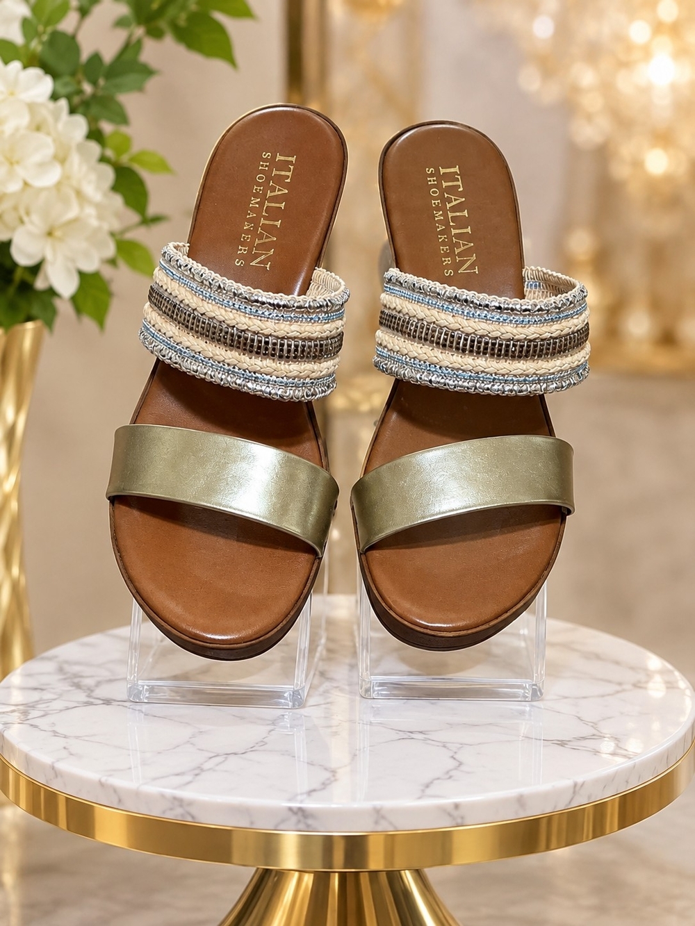 Italian Shoemakers Metallic Leather Slide Sandals with Beaded Ankle Straps